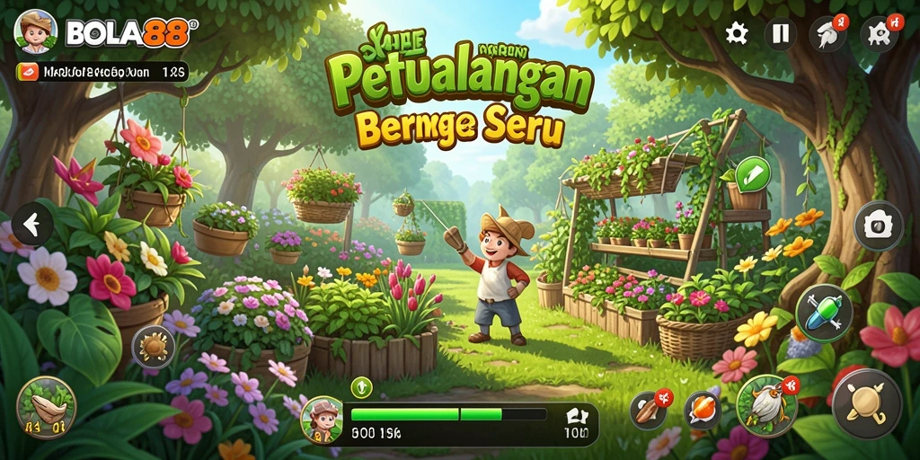 Screenshot gameplay BOLA88 menampilkan petak kebun yang subur.