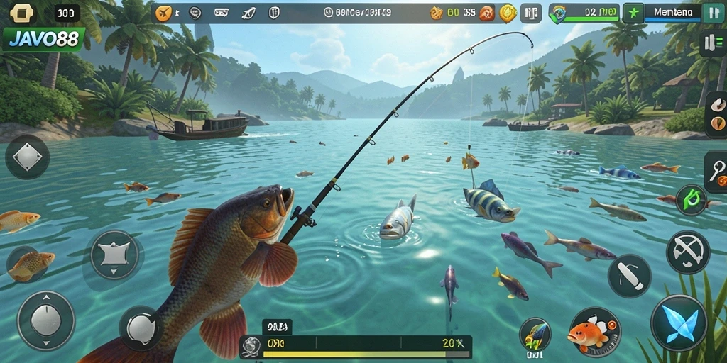 Screenshot gameplay JAVO88 dengan aksi memancing yang seru.