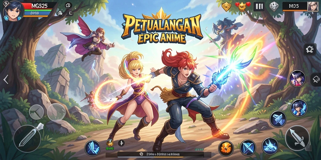 Tangkapan layar utama MG525 menampilkan aksi pertempuran karakter anime.