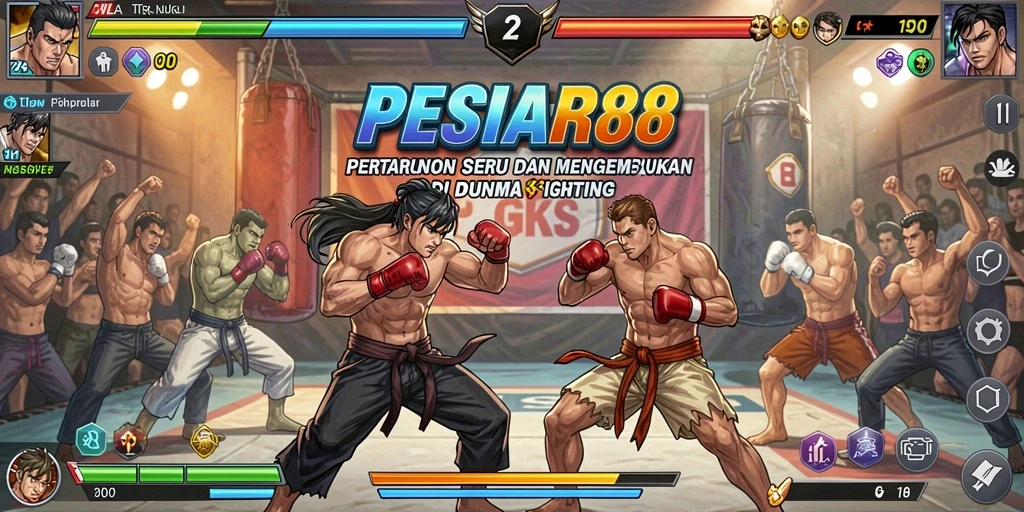 Tangkapan layar PESIAR88 menampilkan pertarungan intens antara karakter dalam arena.