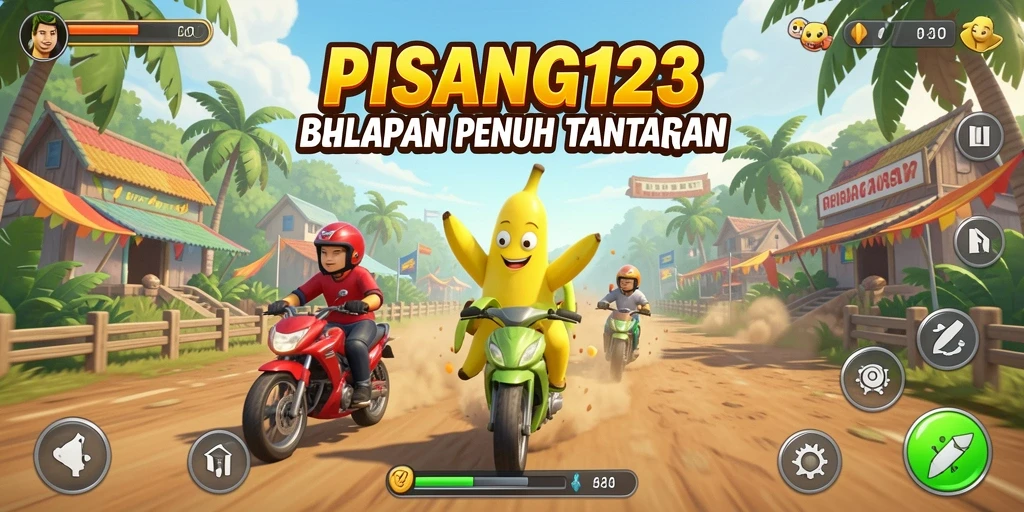Gameplay PISANG123 menampilkan mobil melaju cepat di lintasan berwarna-warni.