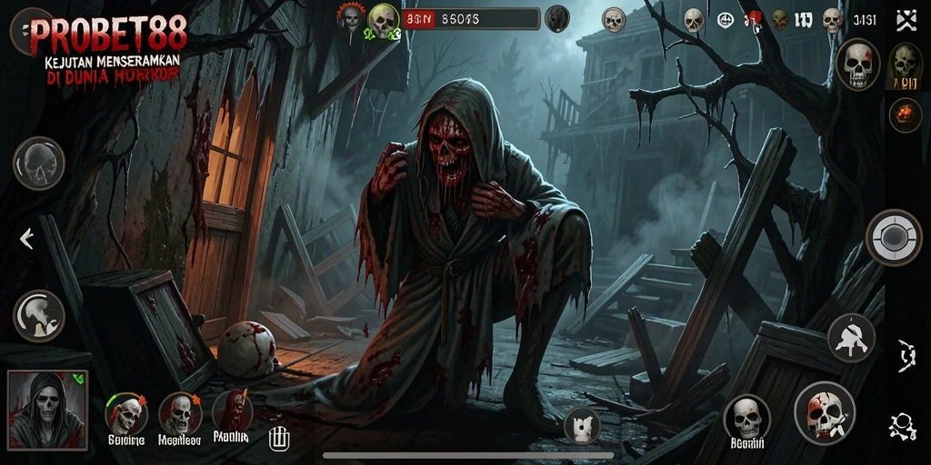 Tangkapan layar gameplay PROBET88 dengan atmosfer horror menyeramkan.