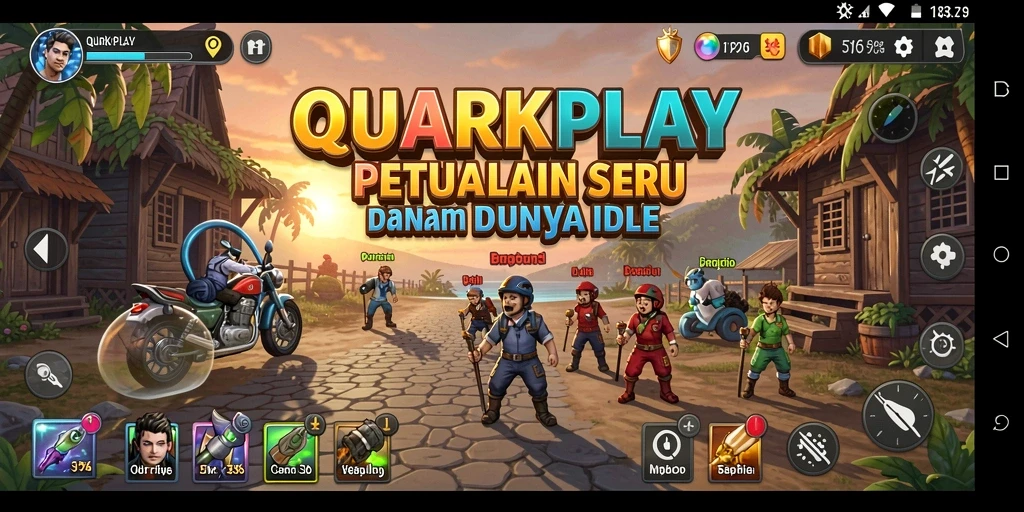 Tangkapan layar gameplay <strong>QUARKPLAY</strong> menampilkan suasana tenang dan menarik dalam permainan Idle.