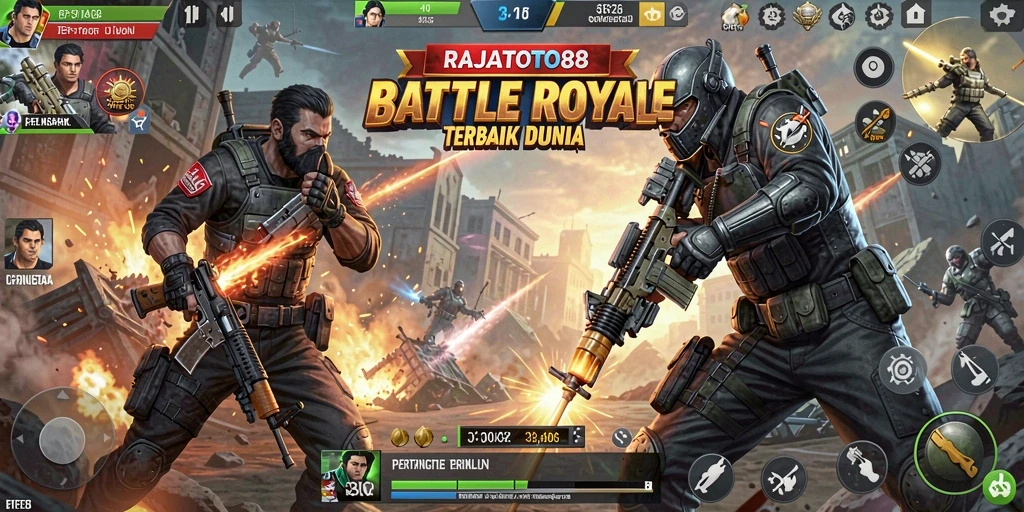 Screenshot gameplay RAJATOTO88 menampilkan aksi seru di medan pertempuran Battle Royale.